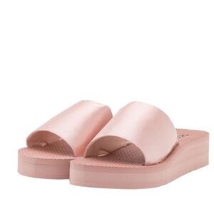Pink Satin Strap Open Toe Slip On Wedge Slider Sandals NEW